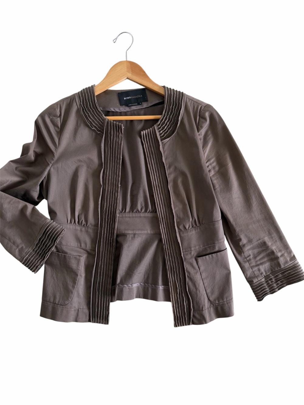 BCBGMaxAzria Deep Taupe Mushroom color Pleated Raw Edge Front Clasp Jacket Small